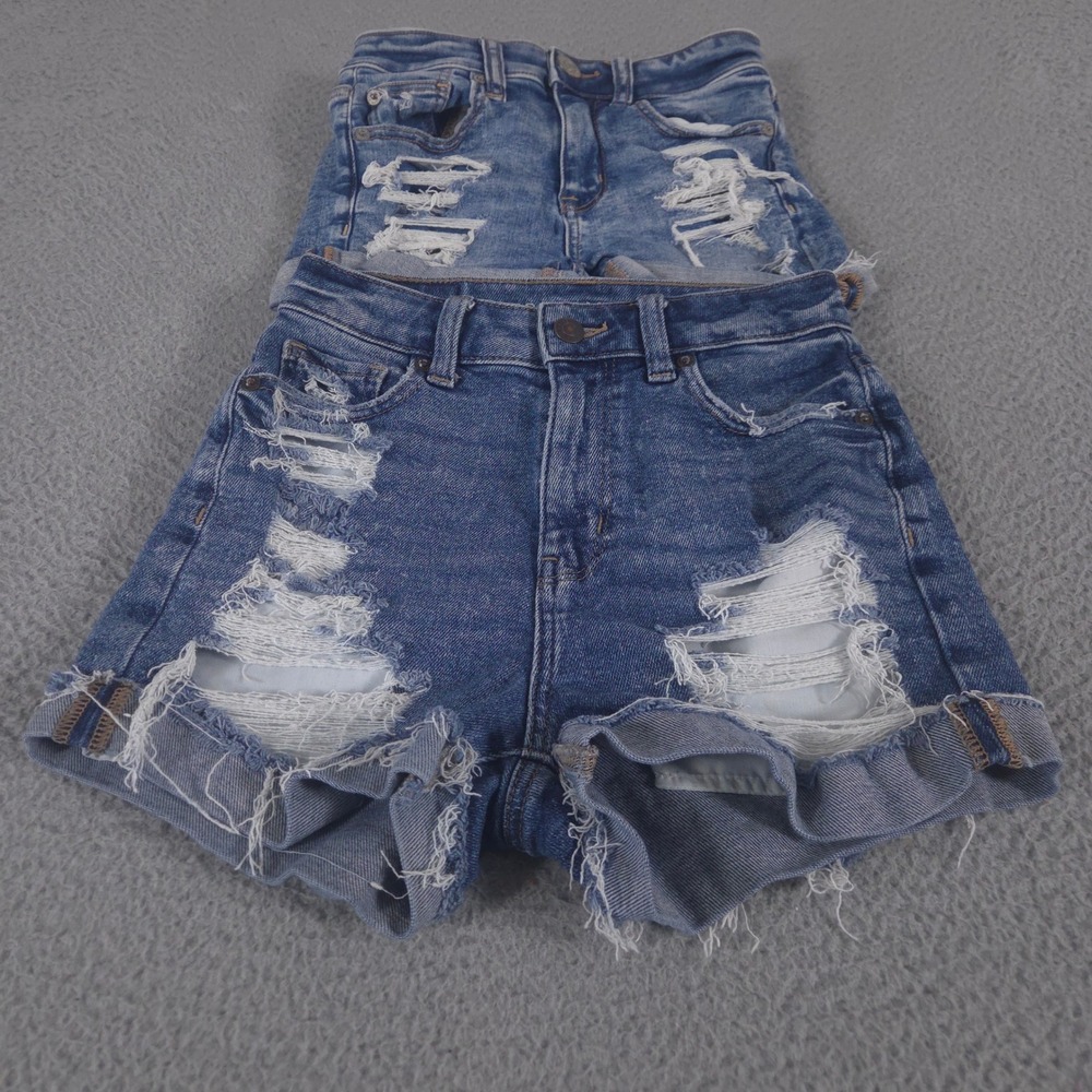 LOT OF 2 American Eagle Shorts Womens‎ 000 Hi-Rise Shortie Mom Distressed Denim